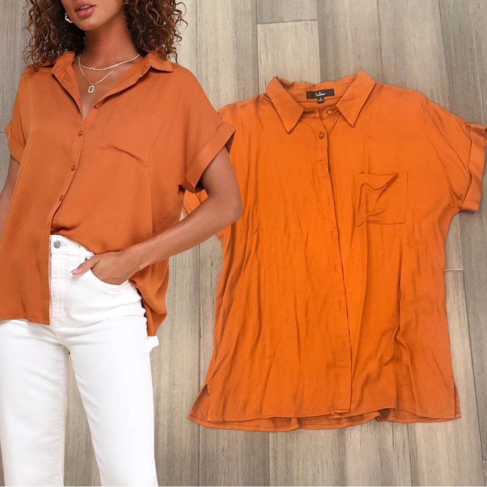 Lulus Blythe Rust Brown Short Sleeve Button-Up Top | Size Small